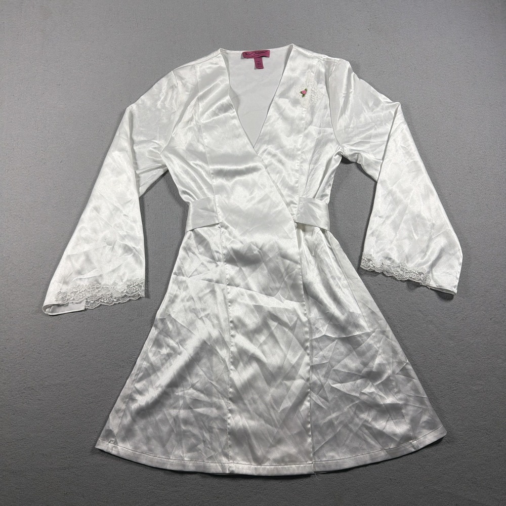 Betsey Johnson Robe Womens XS/S White Satin Kimono Tie Belt Lace Trim Short